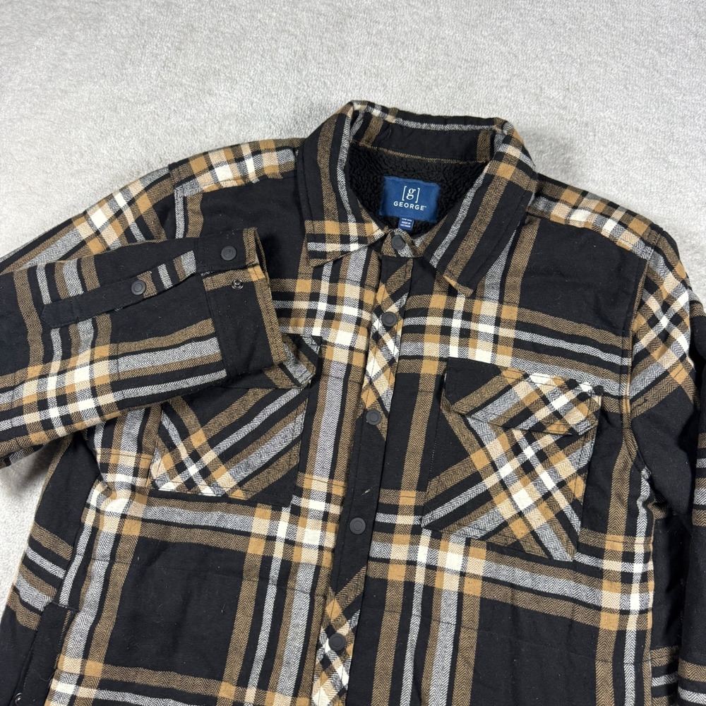 George Shirt Jacket Mens L Black Tan Plaid Sherpa Lined Flannel Snap Button Up